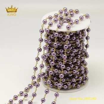 

5meters 6mm Polished Purple Pearl Glass Rosary Chains for Necklace,Smooth Round Glass Pearl Beaded Chains Jewelry Supply ZJ216-4