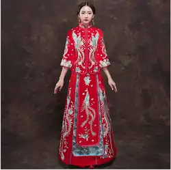 Красный дракон феникс Cheongsam свадьбы невеста китайское платье женское платье Qipao вечернее длинное платье для зарубежных китайские свадебные