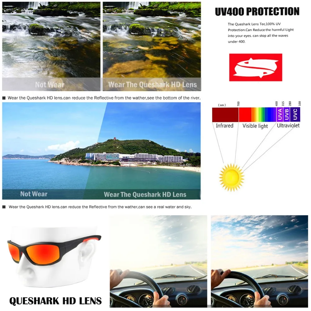 Queshark Polarized Fishing Sunglasses Men Women Climbing Camping Hiking Eyewear Fisherman Glasses UV400 Protection polarized sunglasses fishing sunglasses