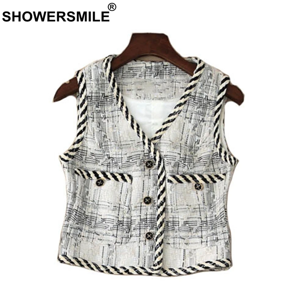 SHOWERSMILE Patchwork Vest Women White Slim Fit Sleeveless Jackets Female Vest Coat With Pockets Vintage British Vests Waistcoat