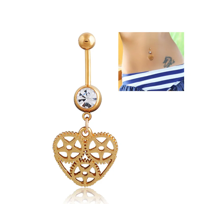 1 Pc Gold And Silver Color Rhinestone Crystal Gear Heart Barbells Navel Belly Bar Button Ring 