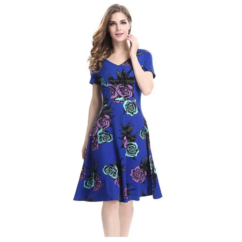 Summer new free home delivery dress V neck print flowers short sleeved