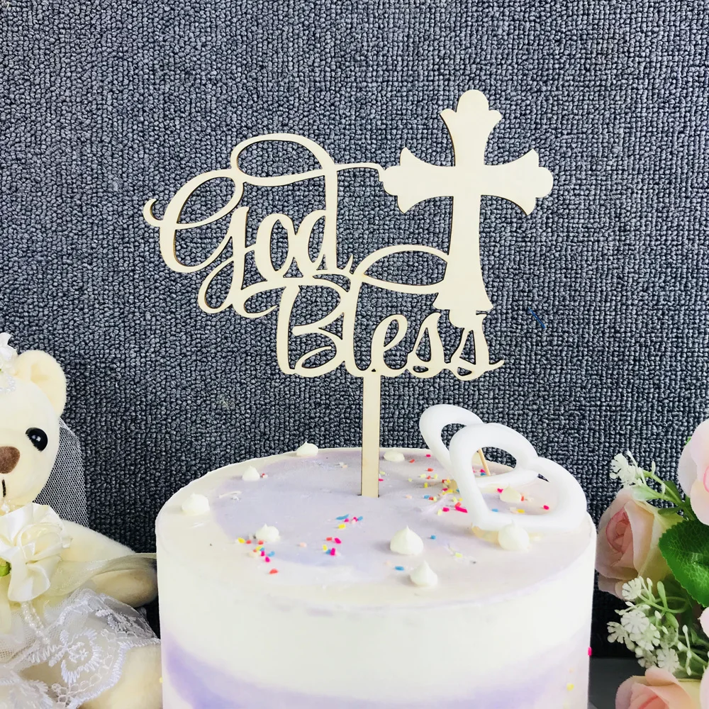 God Bless color wooden Cake Topper, First Communion Cake Topper Decorations, Baby Girl or Boy baptism for Confirmation  Topper (4)