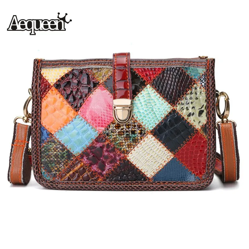 

AEQUEEN Patchwork Genuine Leather Shoulder Bags Women Messenger Bags Colorful Patchwork Bright Crossbody Bag Trunk Random Color