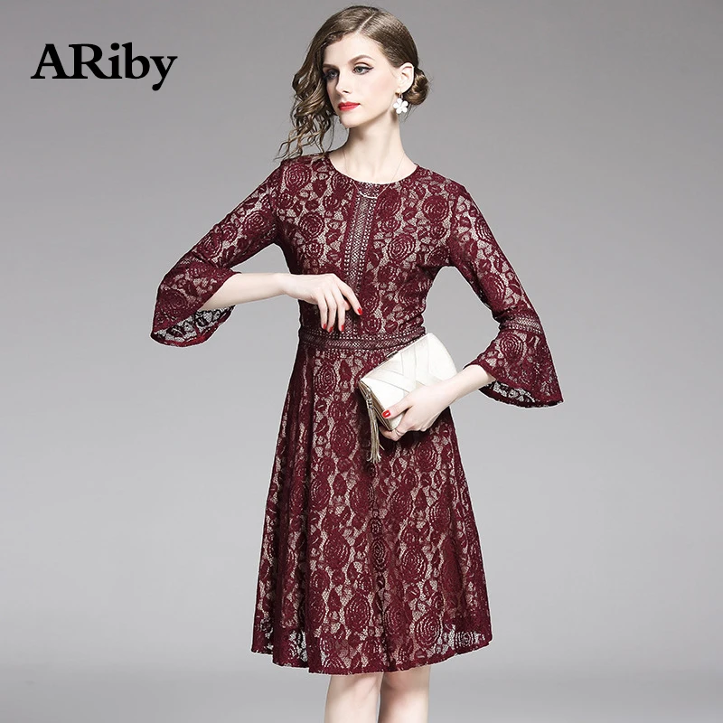 Women Dress 2019 Summer Fashion Office Lady Vintage Dress Solid Lace Hollow Out Three Quarter Flare Sleeves O-Neck A-Line Dress Women Dress 2019 Summer Fashion Office Lady Vintage Dress Solid Lace Hollow Out Three Quarter Flare Sleeves O-Neck A-Line Dress