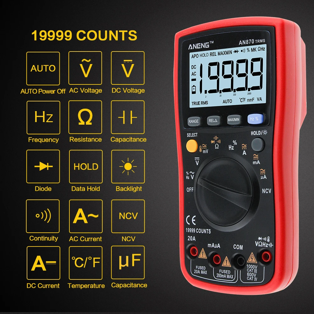 ANENG AN870 красный мультиметр 6000 отсчетов истинный Rms мультиметр-Транзистор тестер Voltimetro AC/DC Амперметр Ом крокодил