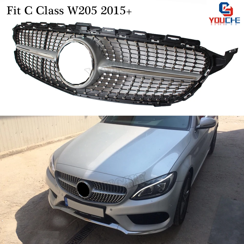 W205 бриллиантами решетка передний бампер решетка сетки для Mercedes W205 C Class A205 C205 S205 C300 C350- серебро