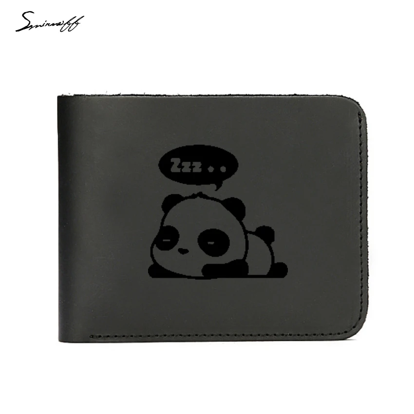 

Luxury Crazy Horse Leather Wallet Men Cartoon panda Purse Simple Card Holders Personality Custom Name Purse Small Wallet