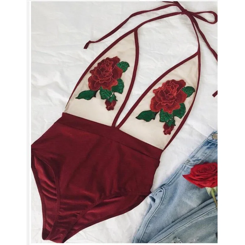 Sexy Rose Embroidery Overalls See Through Beach Bodysuits Women stretch Jumpsuit Halter Rompers 2018 Summer Swimsuit red wine