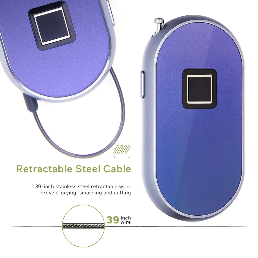Smart Fingerprint Lock Security USB Keyless Padlock 85db Loud Alarm Quick Unlock Door Lock Anti-Theft for Luggage Backpack Handbag  Retractable Steel Cable