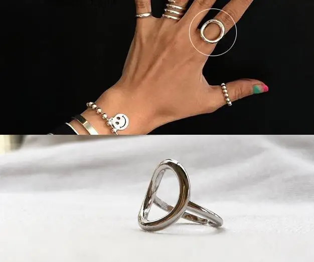

Women's Authentic S925 Sterling Silver FINE Jewelry Lucky Open Circle Geometric Heavy ring adjust high quality Punk J472
