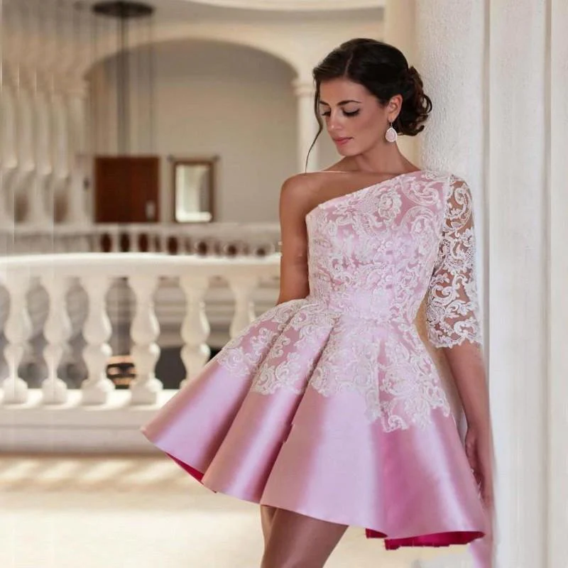 Pink Homecoming Dresses A-line One-shoulder Half Sleeves Short Mini Satin Lace Elegant Cocktail Dresses - Цвет: same as the photo