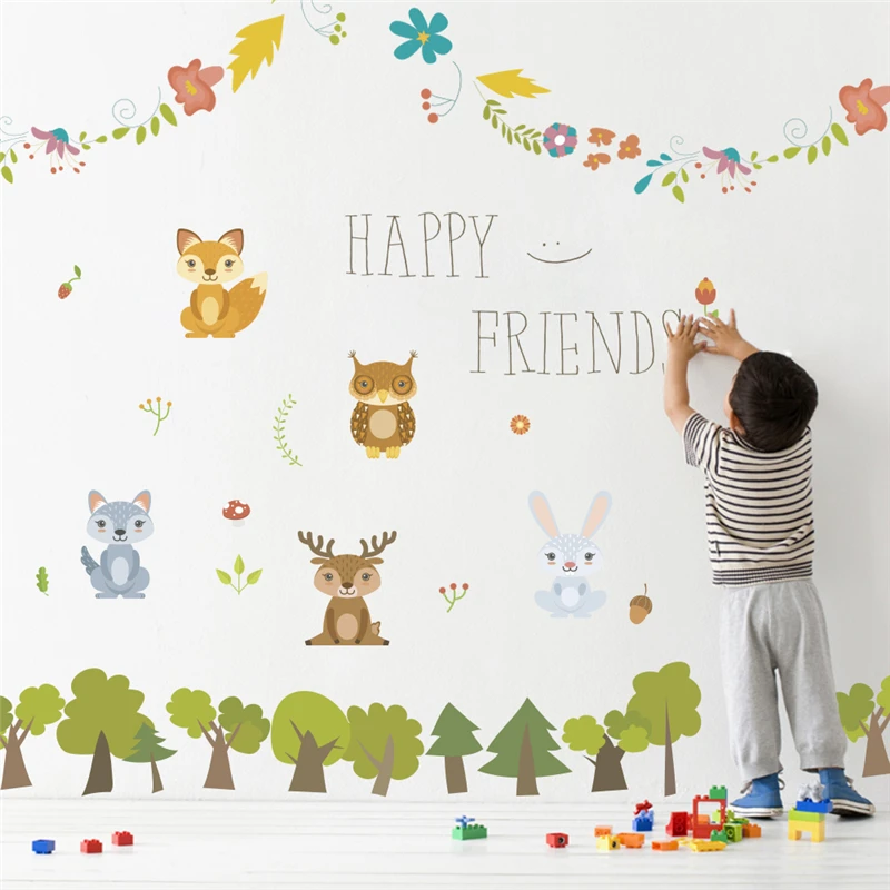 

happy friends owl deer squirrel tree wall stickers for kids rooms home decor cartoon animals wall decal pvc mural art diy poster