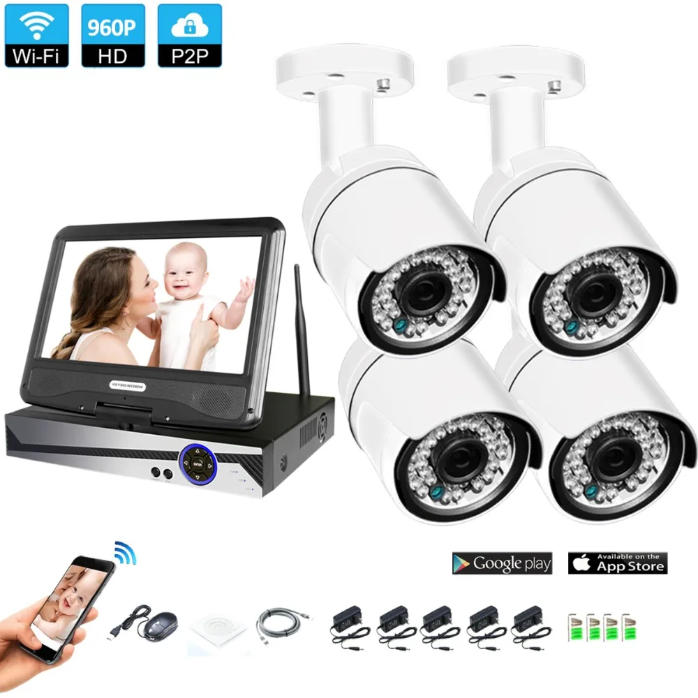 

Wireless Surveillance System Network 10.1" LCD Monitor NVR Recorder Wifi Kit 4CH 960P HD Video Inputs Security Camera