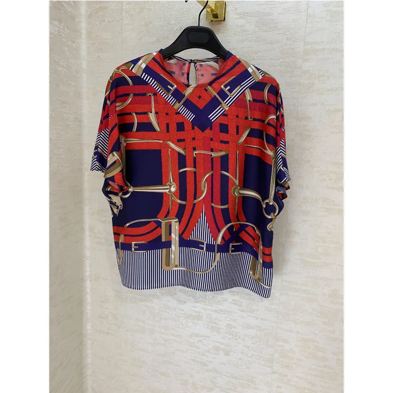 

2019 autumn and winter new clothing female geometric element printed short-sleeved shirt 100% silk temperament casual top loose