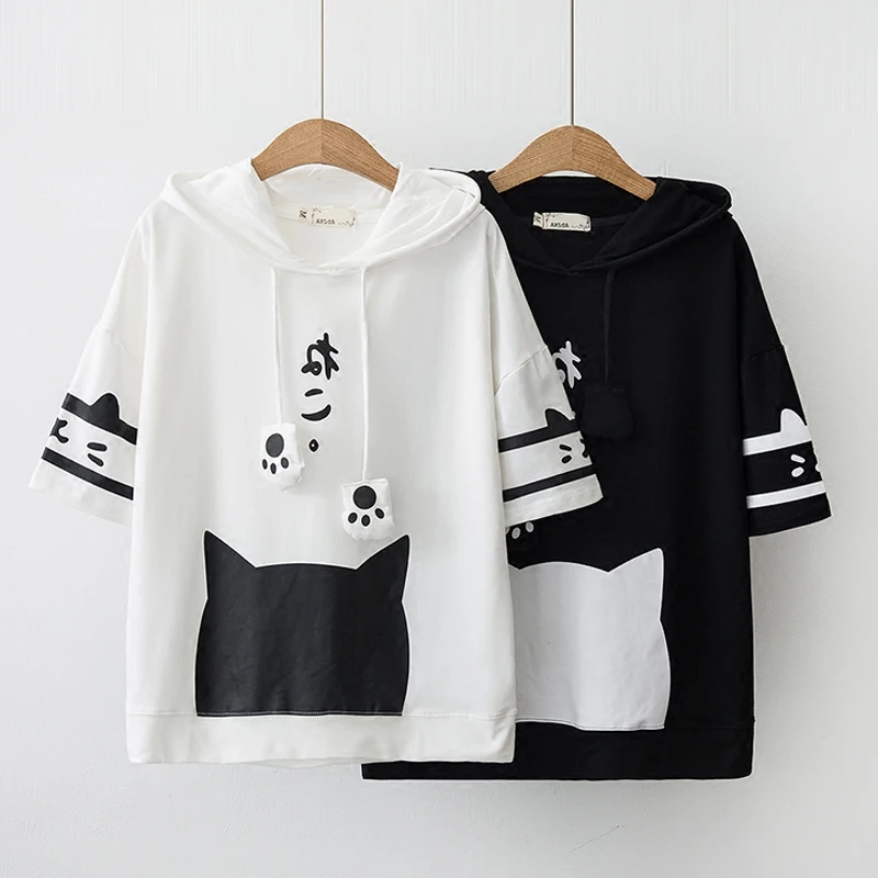 

Japanese neko cat head Silhouette cute student summer shirt women Girls's kawaii Tees hooded white black Cat paw Tops Drawstring