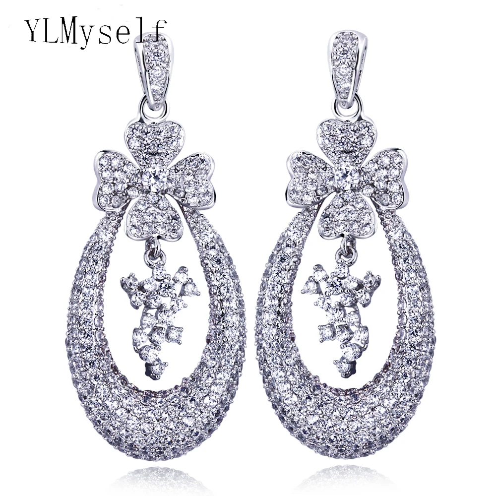 Beautiful flower drop earrings micro pave zirconia crystal aretes Jewelry luxury statement jewellery women elegant earring