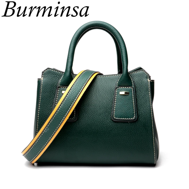 

Burminsa Small Grained Genuine Leather Handbags Women Wide Strap Female Shoulder Bag High Quality Soft Ladies Messenger Bag 2019