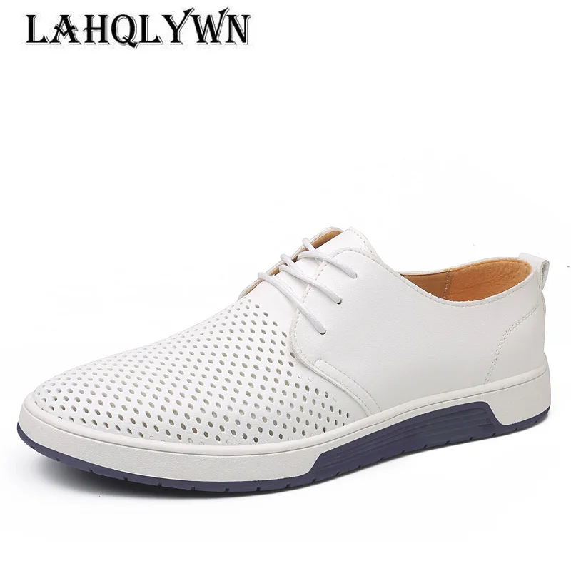 Summer Men Leather Casual Shoes Fashion Breathable Holes White Leisure ...