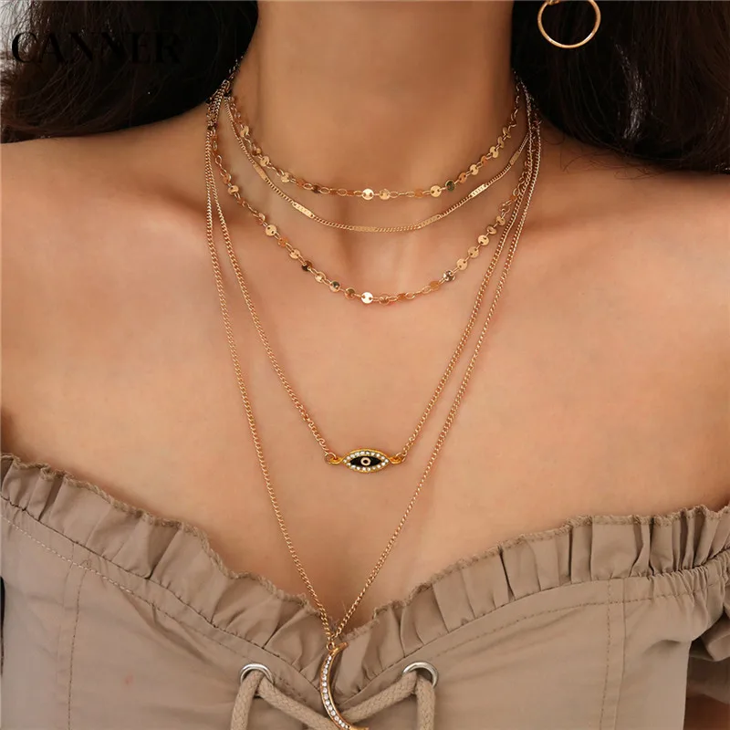 

Canner Fashion Crystal Multilayer Moon Necklaces For Women Bohemian Gold Color Sequin Eye Pendant Long Choker Gifts
