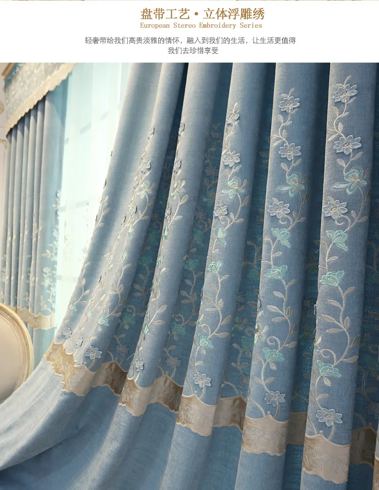 Роскошные шторы, тюль для гостиной, европейская синяя шенилловая вышивка, шторы для спальни, кухни, декоративная панель на окно