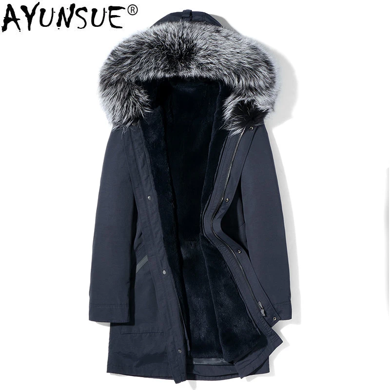 

AYUNSUE Parka Real Fur Coat Men Winter Jacket Silver Fox Fur Collar Rabbit Fur Liner Long Warm Parkas Veste MG-1816007 KJ1324