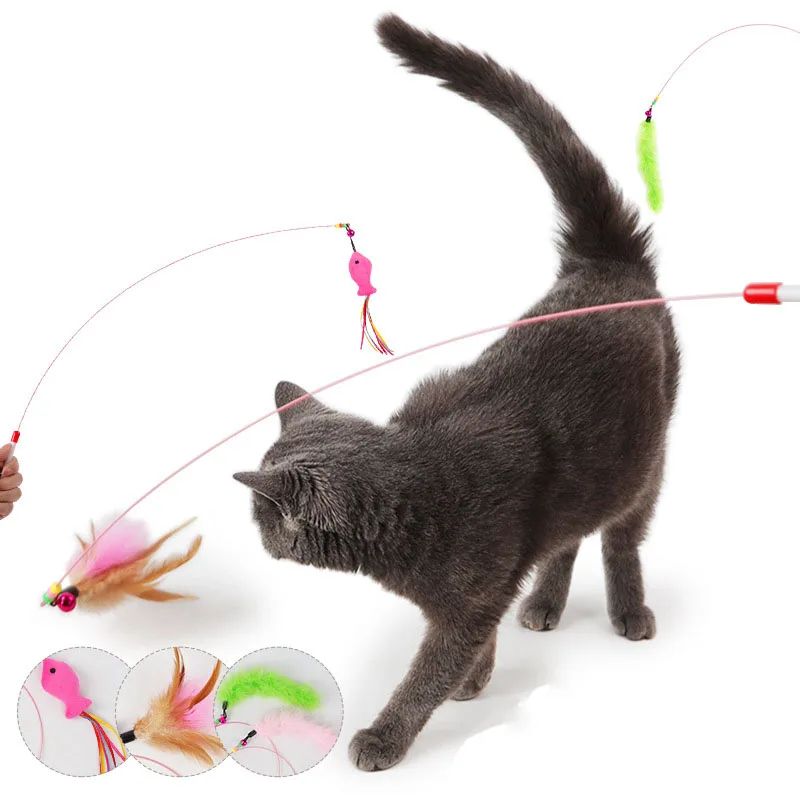 

Interactive Cat Toys Cute Cat Feather Teaser Plastic Wand High Toughness Steel Wire Sticks with Funny Bells Drop Shipping 3 Feet