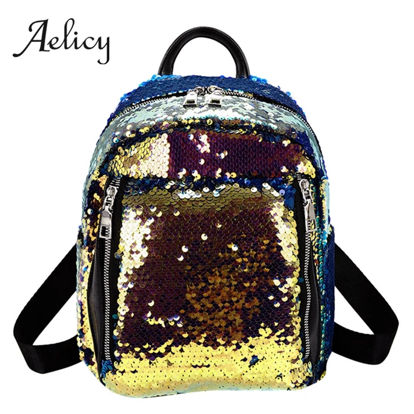 

Aelicy Sequins Hit Color Backpack Lady New Small High Quality PU Leather Purse Women Students Satchel Zipper Bag Mochila Mujer
