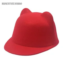Plain Wool Felt Korean Cat Ears Equestrian Cap Parent-child Cap Flat Brim Horseman Trilby Hat for Men Women Children Boys Girls britain fuzzy ball embellished felt horseman hat
