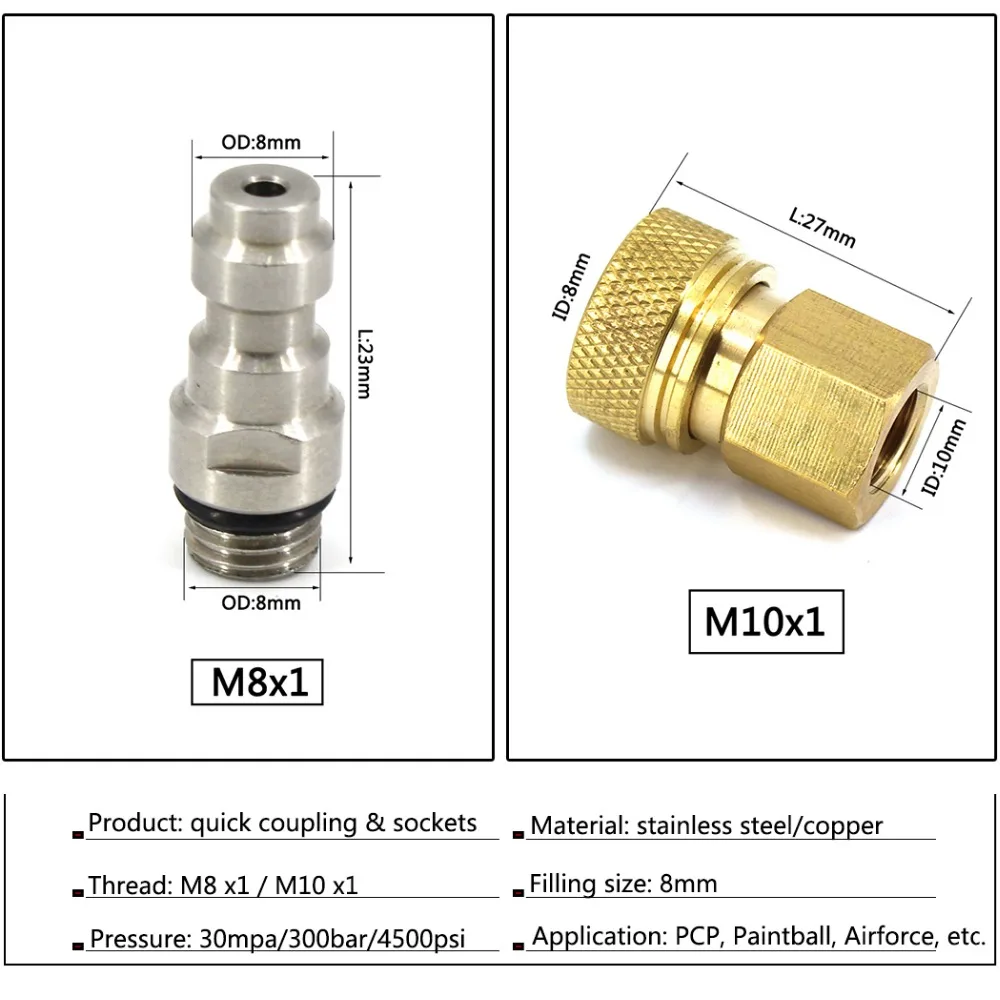 PCP Airforce Пейнтбол из нержавеющей стали 8 мм M8x1 Мужской Соединительный разъем M10x1 женский быстроразъемный воздушный Набор насадок