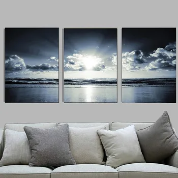 

Modern Canvas Painting Poster Wall Art Black White Dark Blue Sea Sunset For Living Room Home Decor Artwork Picture