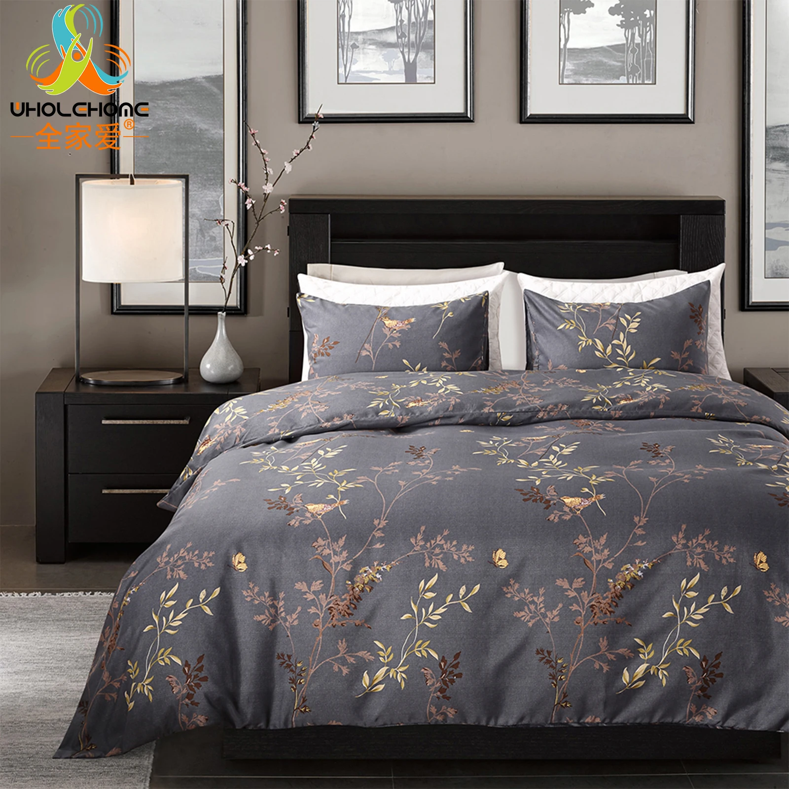 Bronzing Birds Bedding Cover Queen Size Birds Printed Quilt Cover Set