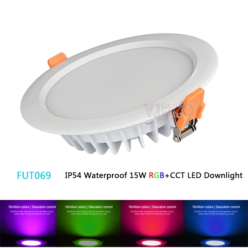 

FUT069 IP54 Waterproof Miboxer 15W 2.4G RGB+CCT LED Downlight Dimmable AC86-265V Round Reccessed Light B8 FUT092 remote