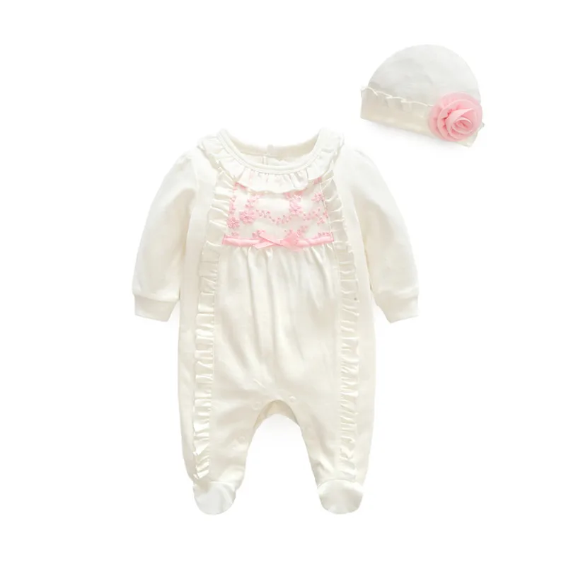 Одежда для новорожденных девочек кружевные цветы комбинезоны и Шапки Костюмы комплекты принцессы для девочек Footies для Весна детские комбинезоны - Цвет: long sleeve white