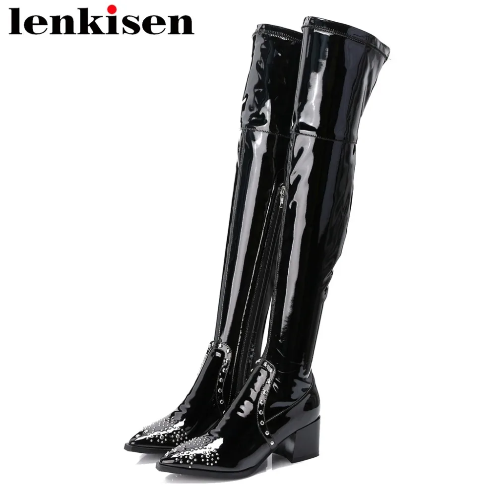 

Lenkisen oxford pointed toe high thick heels shiny crystals studded zipper sexy girl stretch patent leather thigh high boots L44