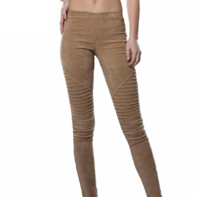VISNXGI Spring Winter Faux Suede Leggings Fold High Waist Retro Elastic Stretchy Slim Women Pencil Pants Plus Size Sports Pants