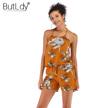 

Printed Strap Short Jumpsuit Women Off Shoulder Backless Halter Playsuit Summer Rompers 2019 Loose Chiffon Bodysuit Coveralls