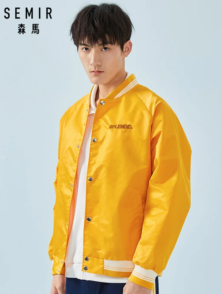 

SEMIR Men Embroidered Baseball Jacket with Contrasted Trim Silky Nylon Bomber Jacket with Slant Pocket Snap Closure Spring