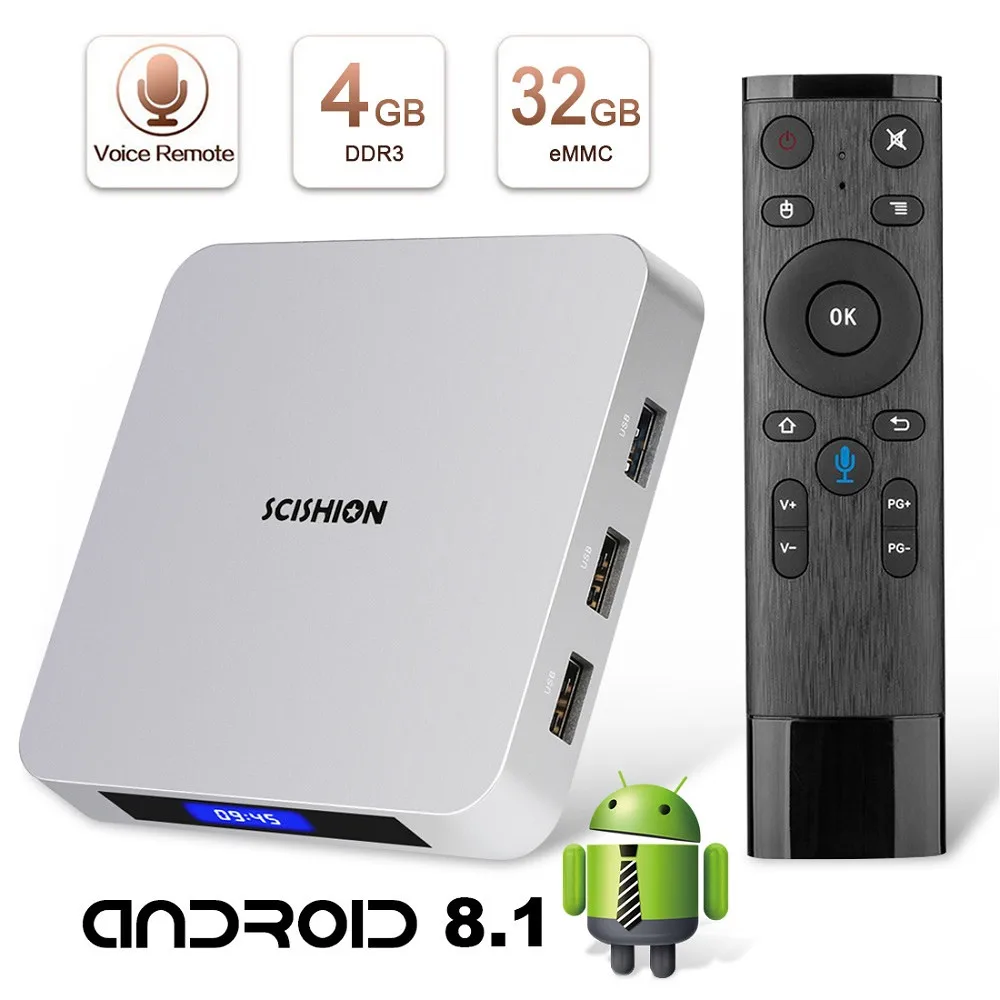 Leelbox smart tv box android 8 1 4 Гб ОЗУ 32 ПЗУ scishion ai one 4K голосовое управление дистанционное Wi Fi