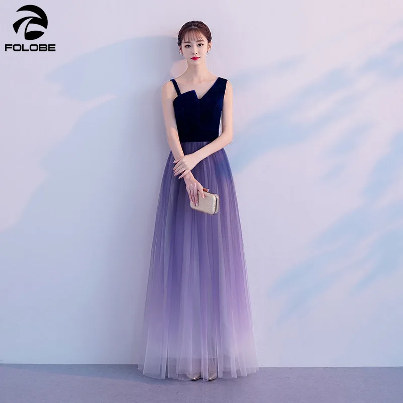 

FOLOBE 2019 Fashion A line Gradient Ombre Tulle Women Formal Party Dress Blue Sleeveless Floor/Tea Length Girls Clothing