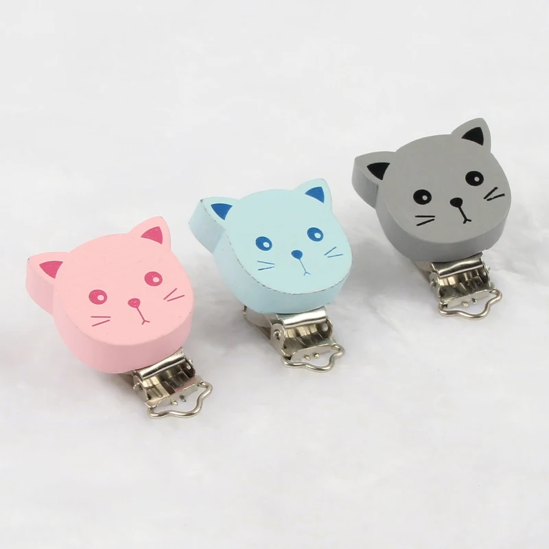 

2pc/lot Cat Shape Wooden Baby Pacifier Clip Wood Beads Baby Teether Clip Nipple Clasps Toy Beads Tool DIY Adapters Attachments