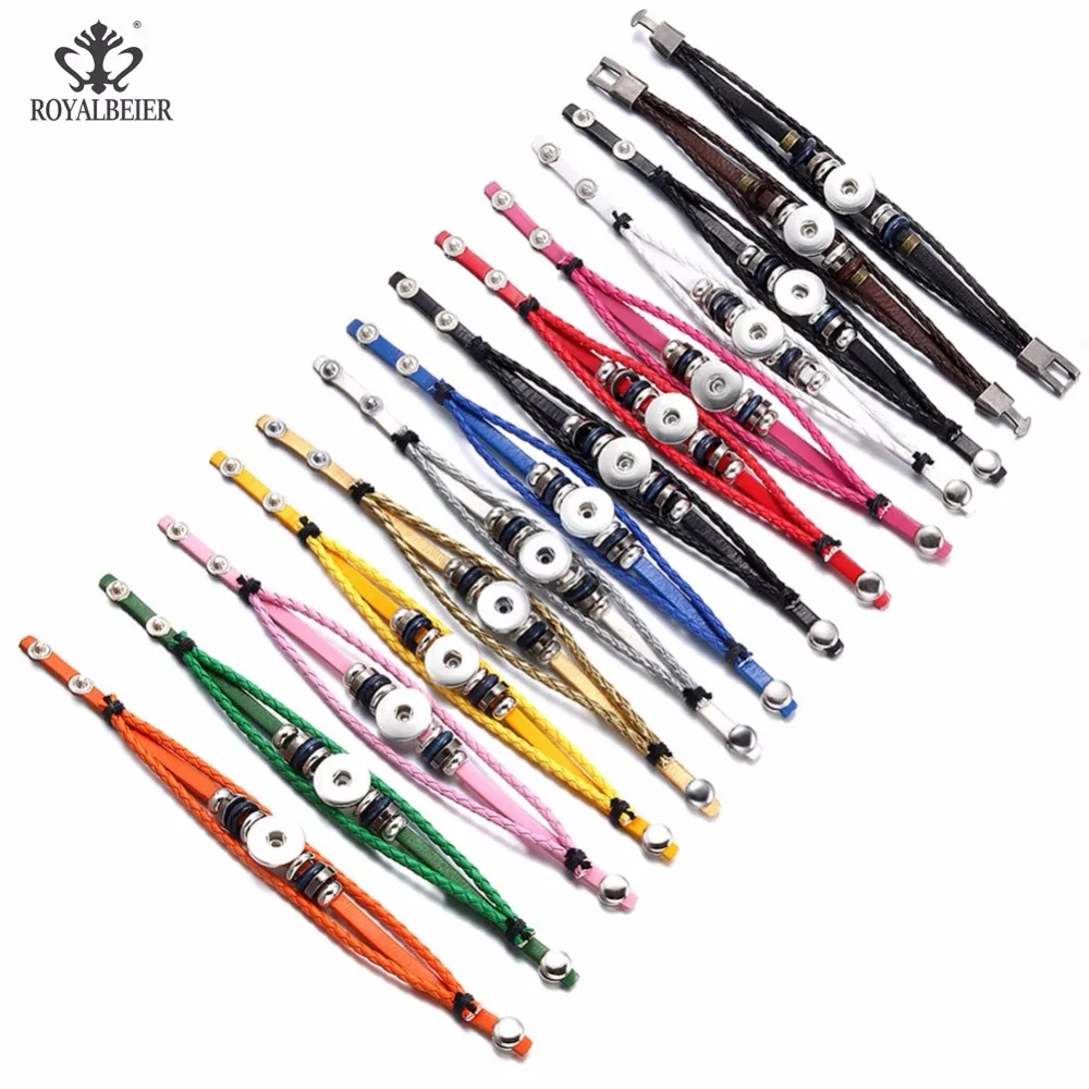 

ROYALBEIER 1pcs Handmade Leather Bracelets+1pcs Snap Button For Free Snap Jewelry Women 18mm Snap Bracelet DIY Accessories