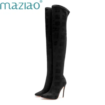 

Women Winter High Boots Pointed Toe Short Plush Fine Heel Rubber Thigh High Boots Over The Knee Boots MAZIAO