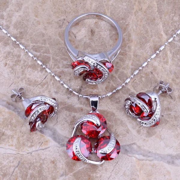 Valuable Red Silver Plated Jewelry Sets Earrings Pendant Ring