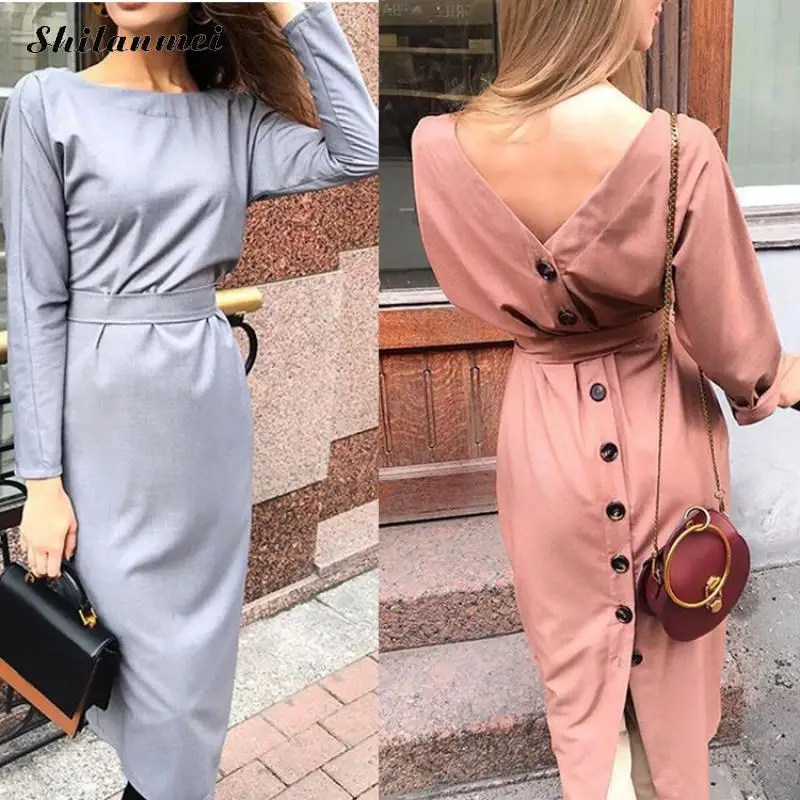 

Korean Style Woman Fashion Solid Button Back Slit Midi Dress Long Sleeve Silve Color Office Lady Casual Dresses Femme Vestidos