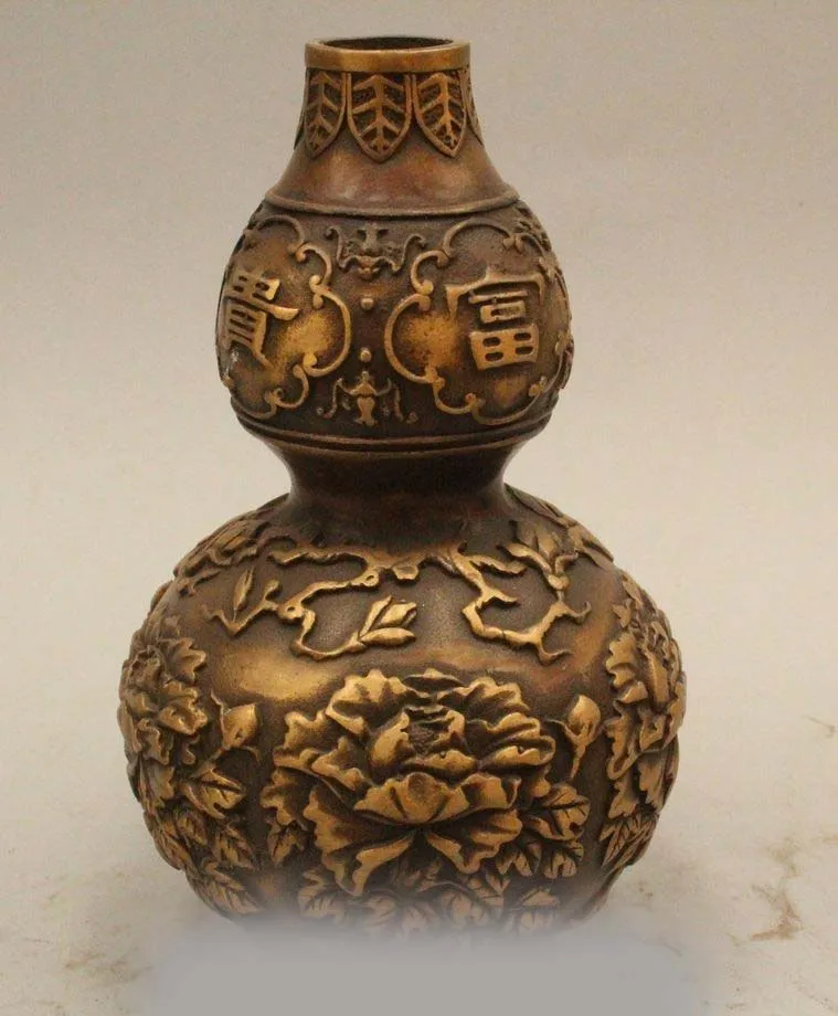 

7" Chinese religion Home house Brass Fengshui flower cucurbit calabash Statue