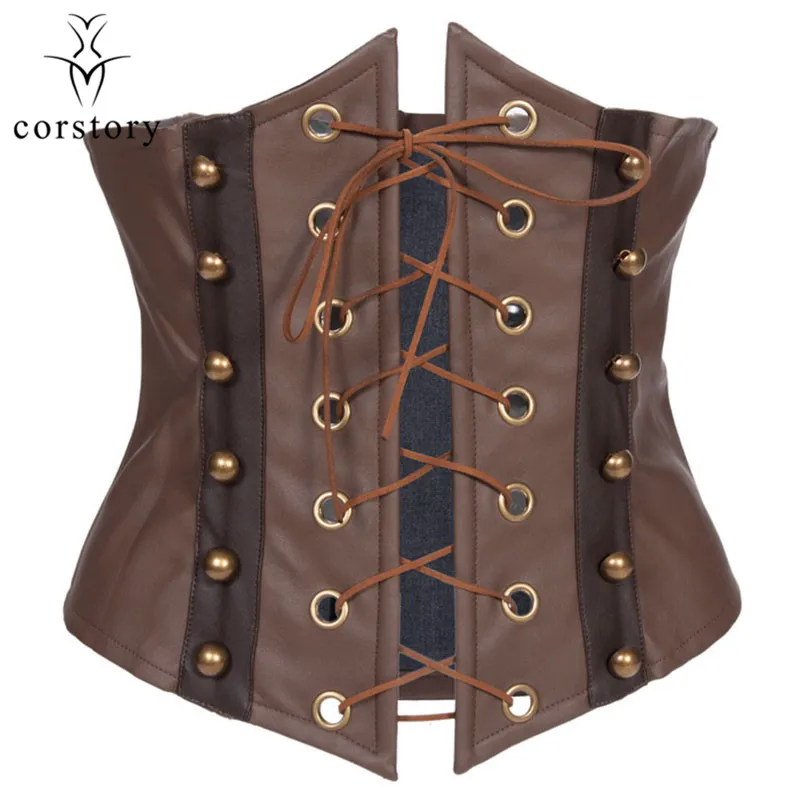 Corstory Vintage Brown Faux Leather Underbust Corset Front Shoelace