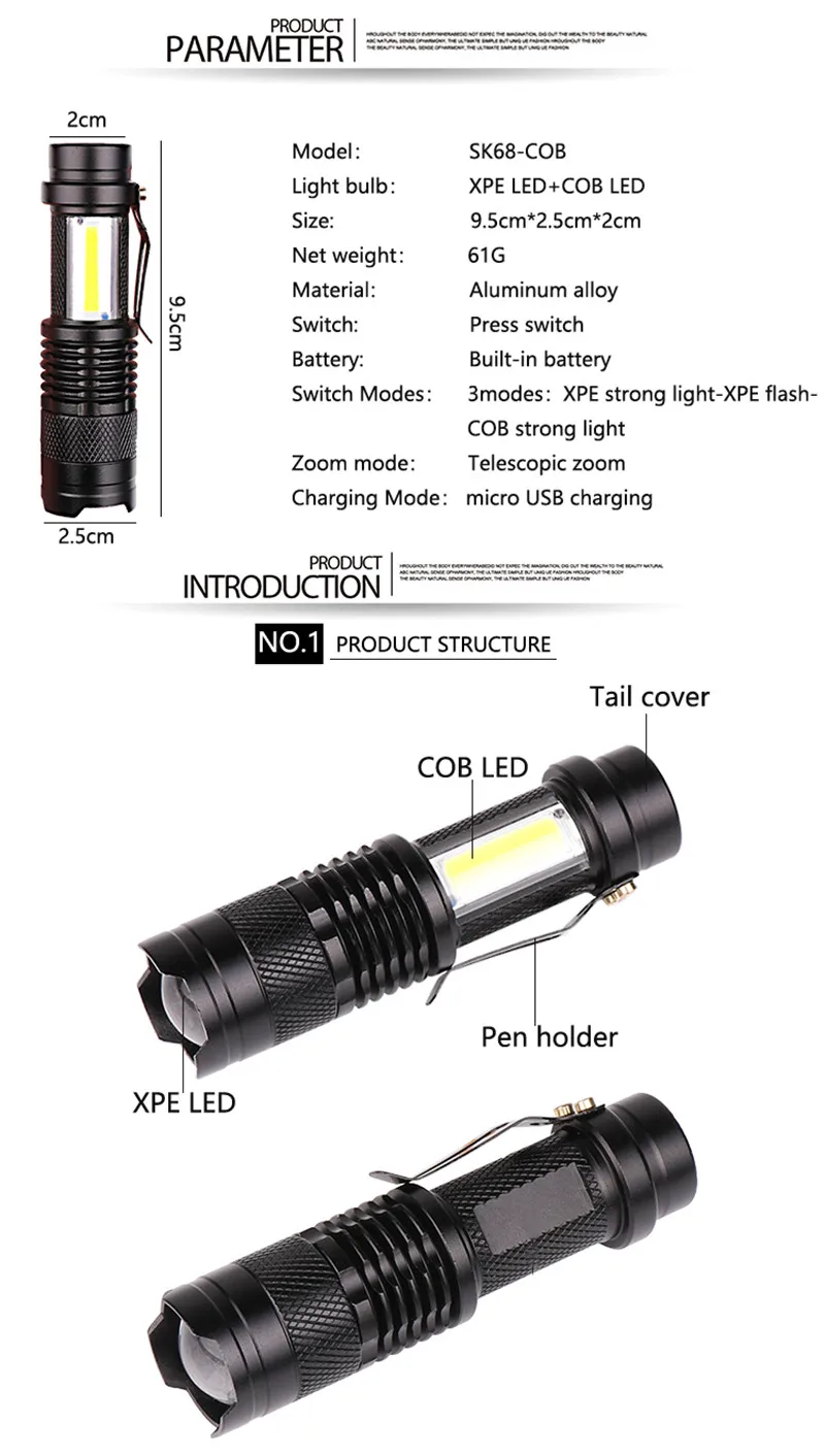 XANES SK68 светодиодный+ COB 3 режима передний боковой светильник USB Перезаряжаемый Телескопический масштабируемый мини-клип на карманный светодиодный фонарик с коробкой