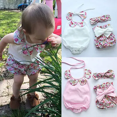 

Newborn Baby Girls Clothes Cute Flower Romper Bodysuit+Bow Shorts Bottoms Handband 3pcs Outfits Kids Clothing Set Sunsuit 0-24M