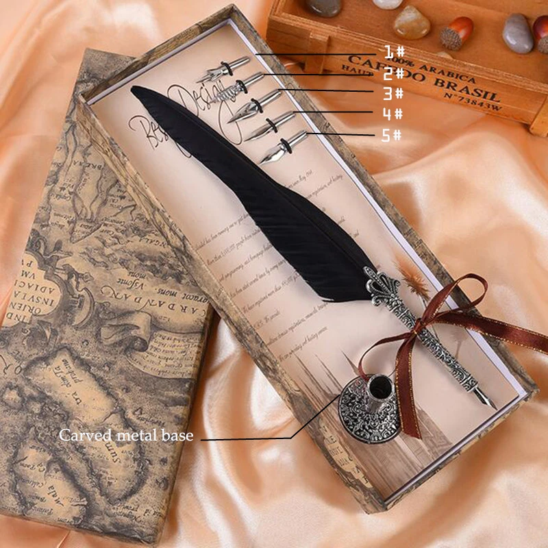 Винтажная Подарочная авторучка с перьями, набор в коробке, косая ручка с 5 перьями, металлическая основа для причудливого письма с каллиграфией